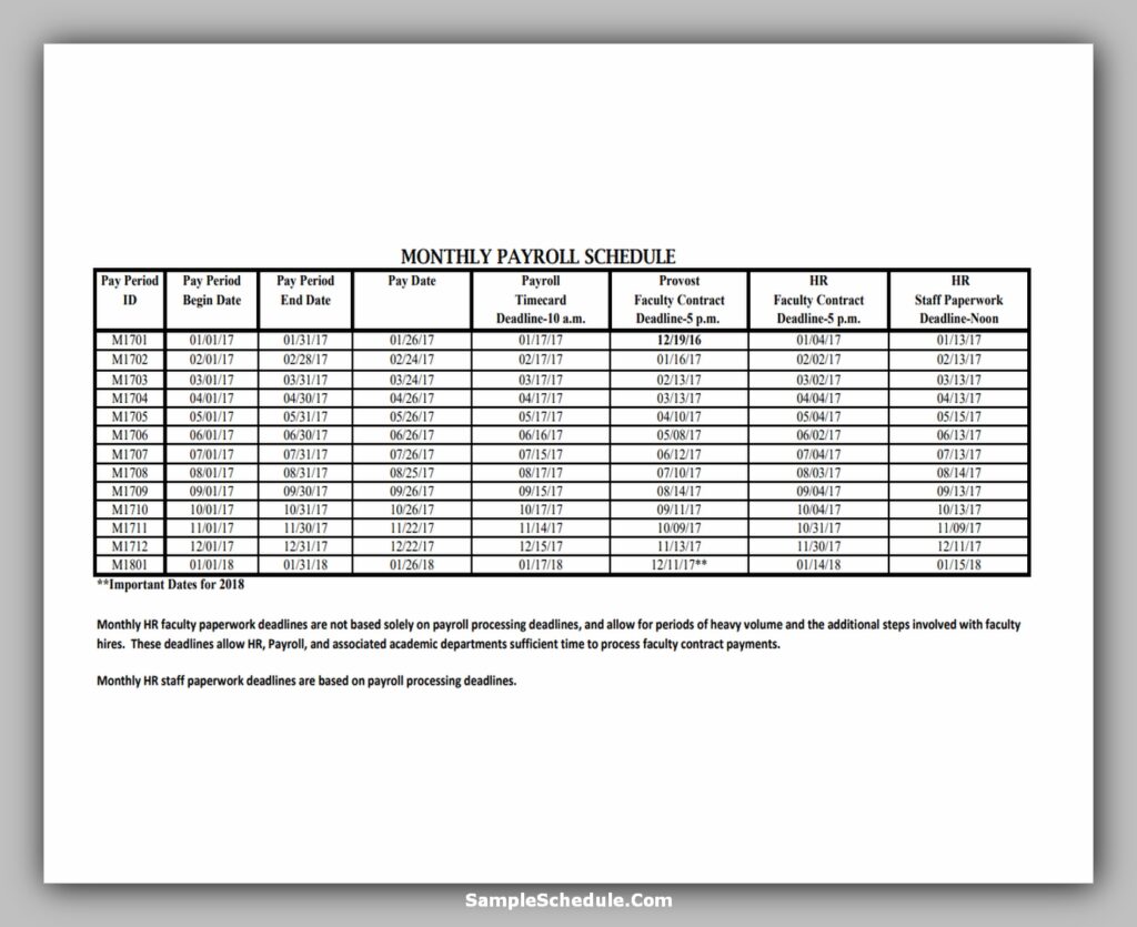 Monthly Payroll Schedule Template
