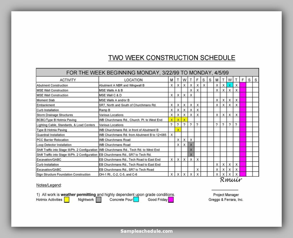 Two-week construction schedule