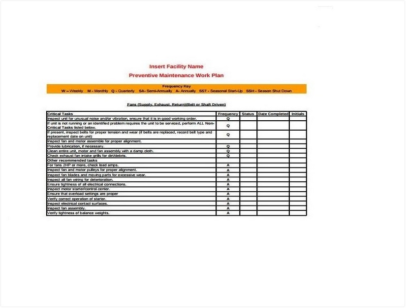 Facility Preventive Maintenance Schedule Template