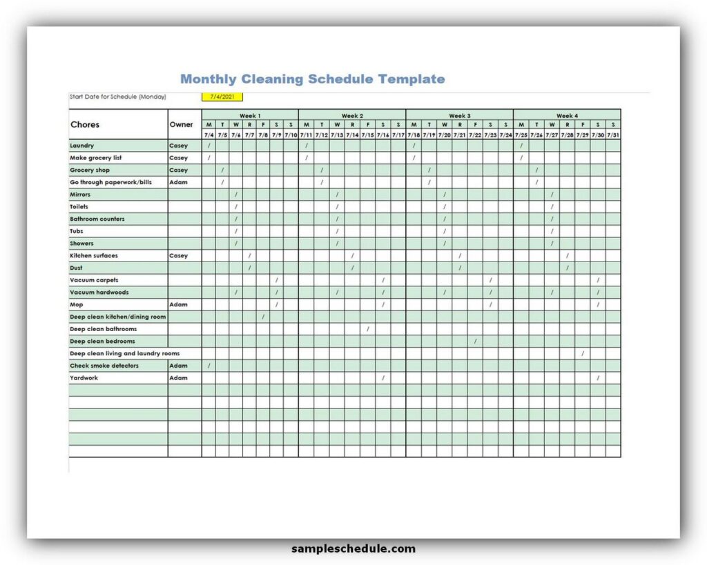 Monthly cleaning schedule template