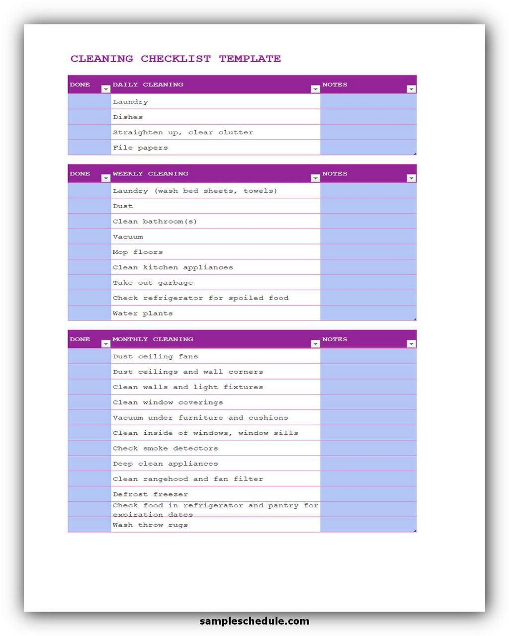 5 Free Cleaning Checklist Template Excel Sample Schedule