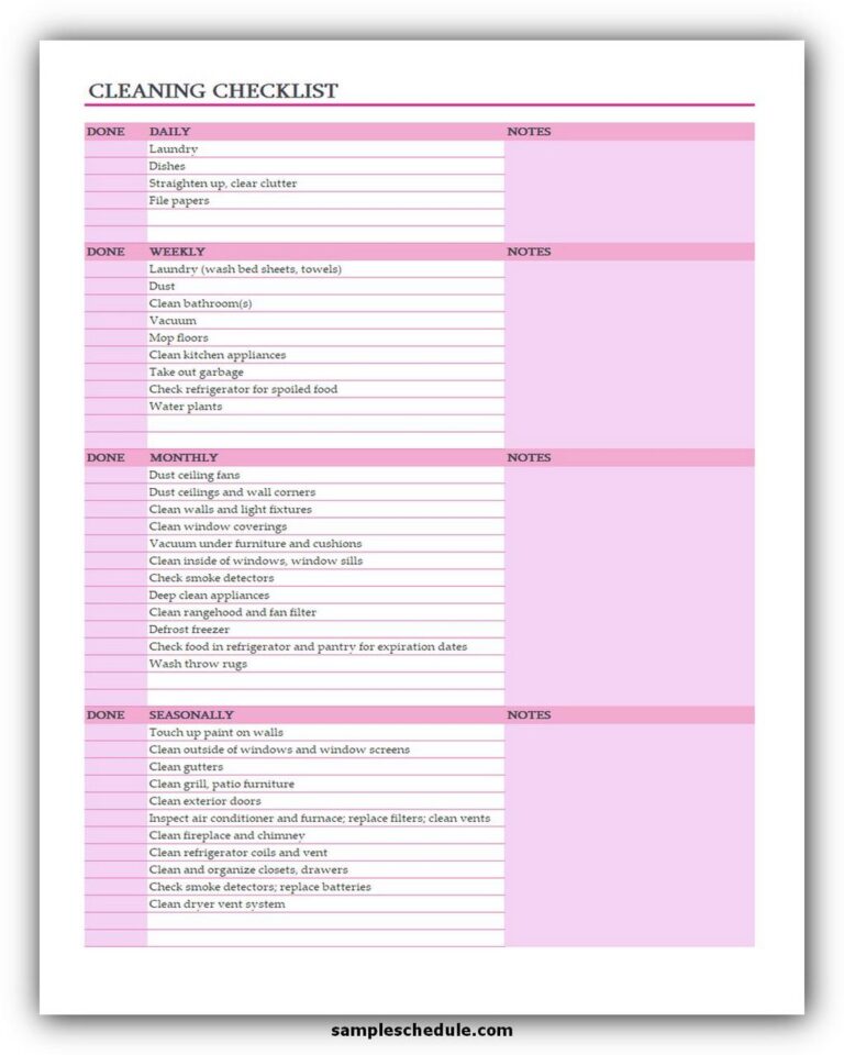 5+ Free Cleaning Checklist Template Excel - sample schedule