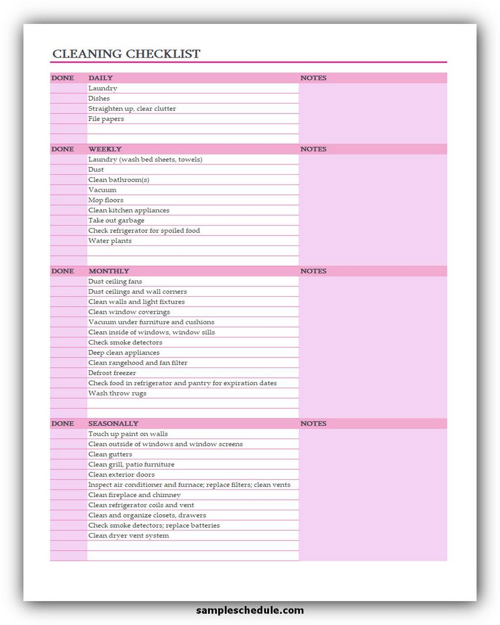 5+ Free Cleaning Checklist Template Excel - sample schedule