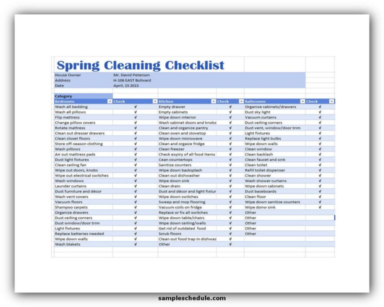 5+ Free Cleaning Checklist Template Excel - sample schedule