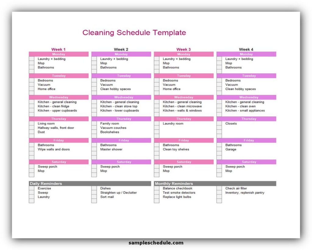 Cleaning schedule template excel