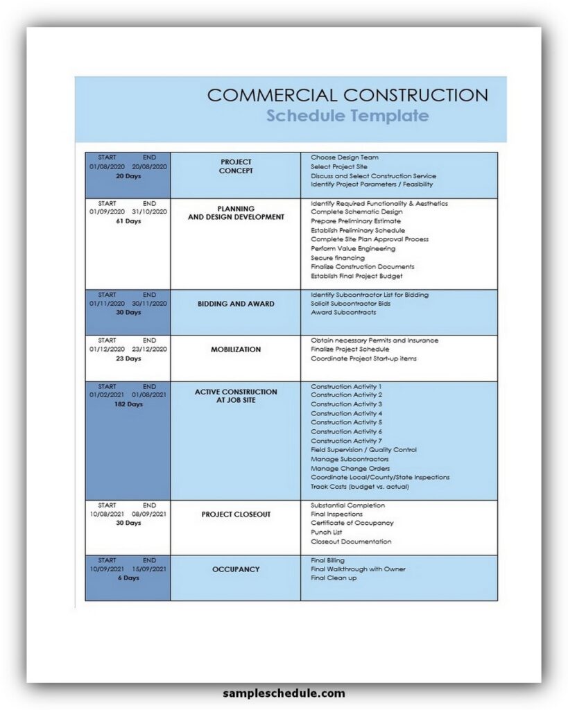 Commercial Construction Schedule Template Excel