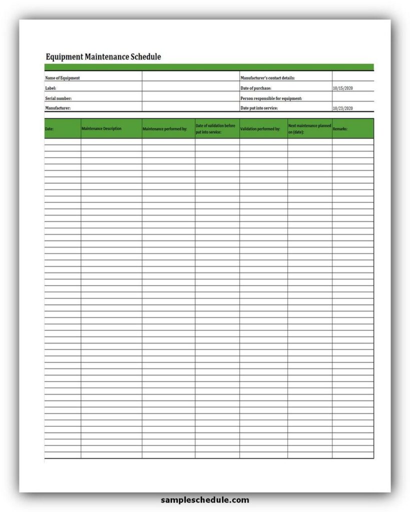 Equipment Maintenance Schedule Template Excel