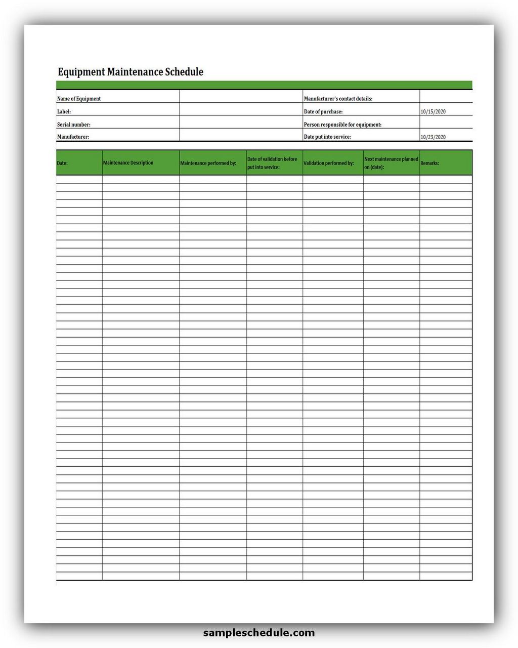 Equipment Maintenance Schedule Template Excel - 2023 Template Printable