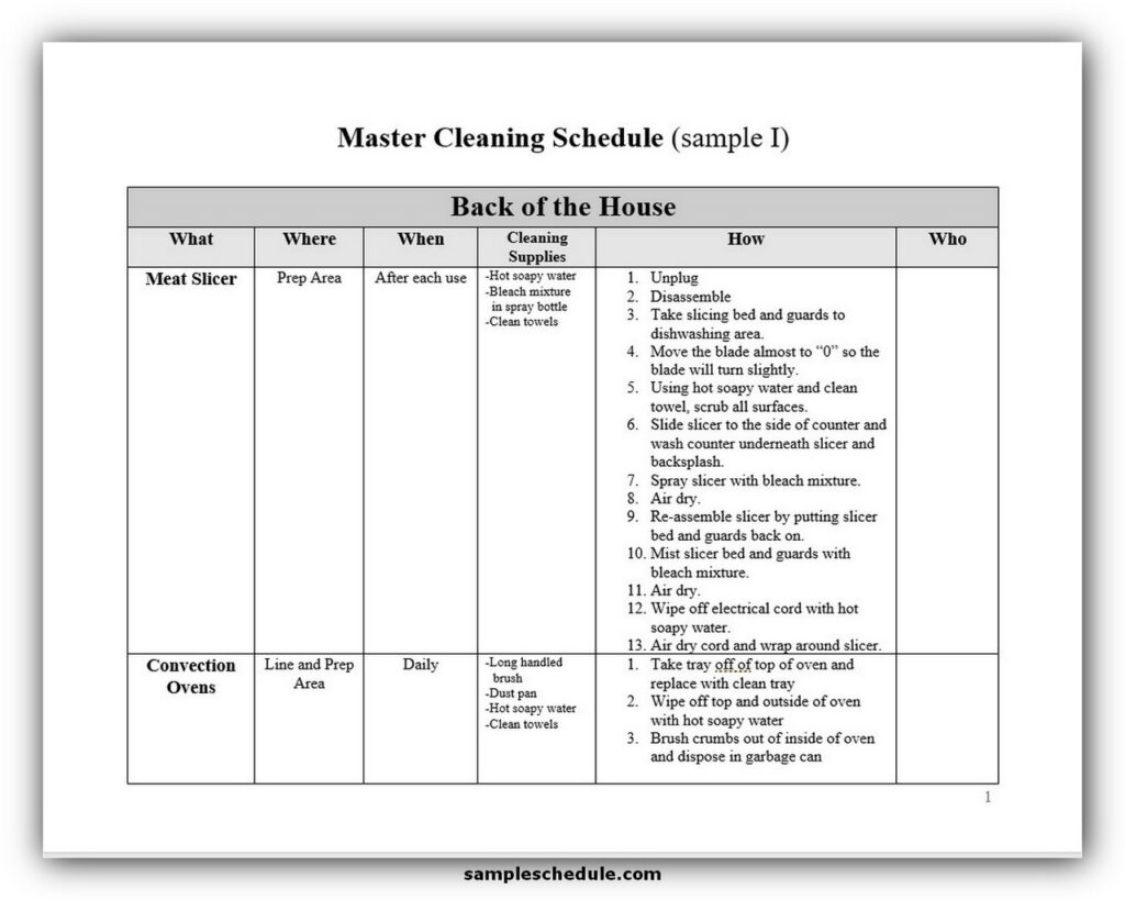 Master cleaning schedule template