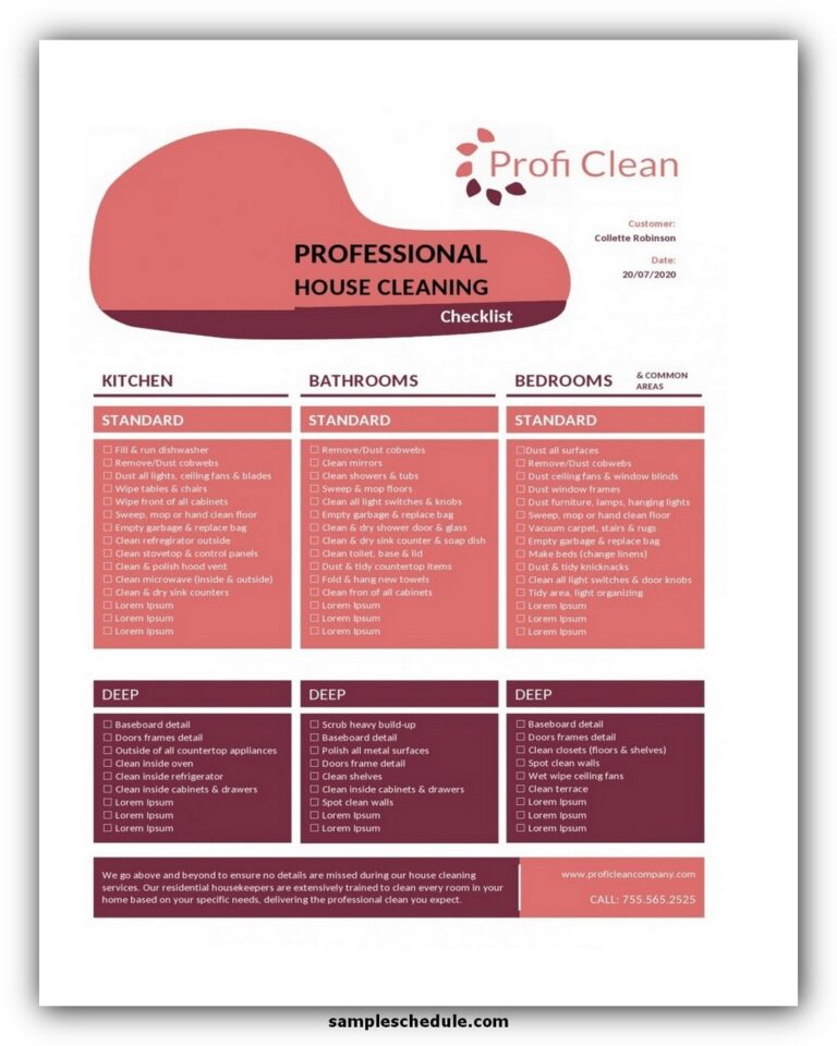 10+ Professional House Cleaning Checklist Template Free - sample schedule