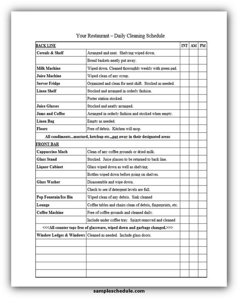 Restaurant Cleaning Schedule Template 1