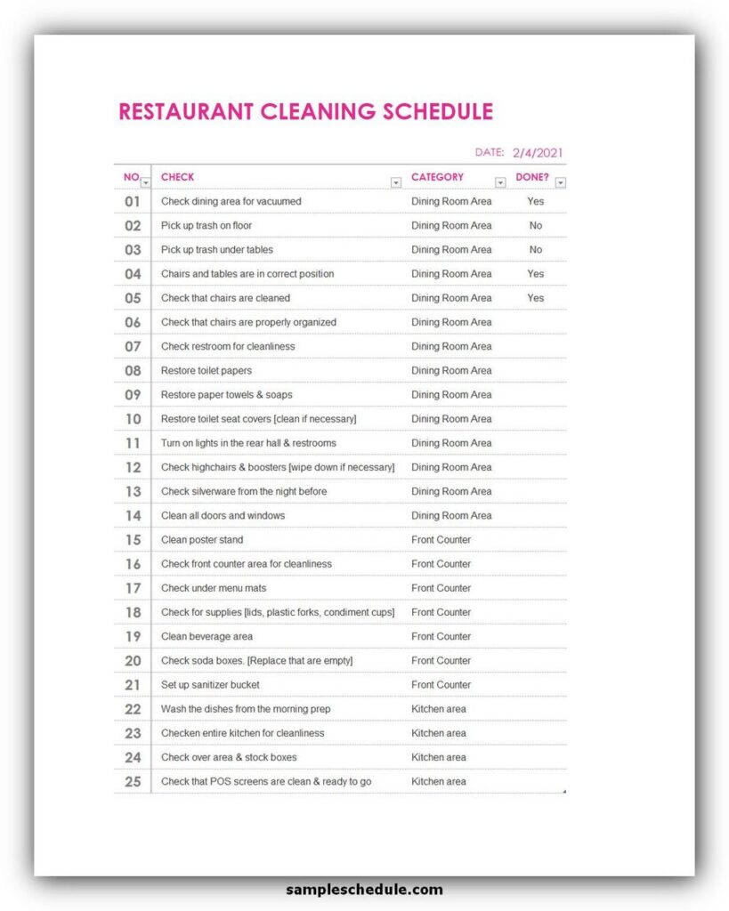 Restaurant cleaning schedule template