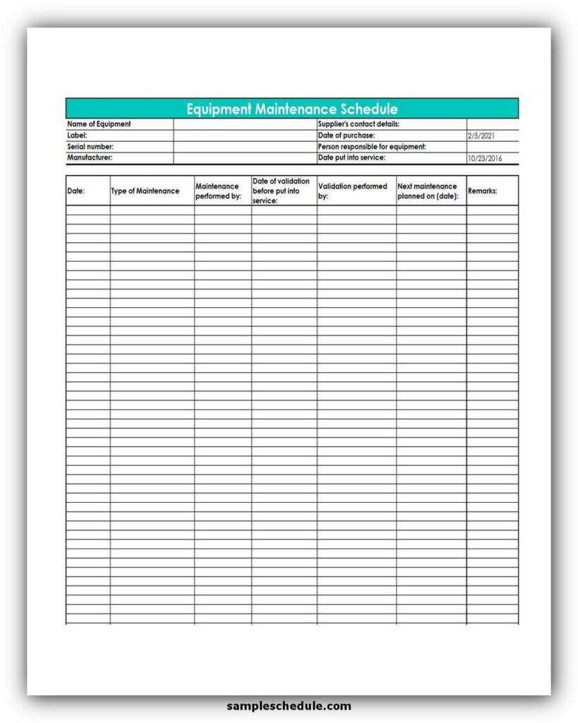 Spreadsheet Equipment Maintenance Schedule Template Excel