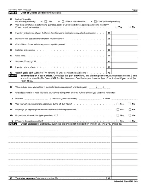 Schedule C Expenses Worksheet - 2023 SCHEDULE C Form f1040sc By IRS GOVE page 0002
