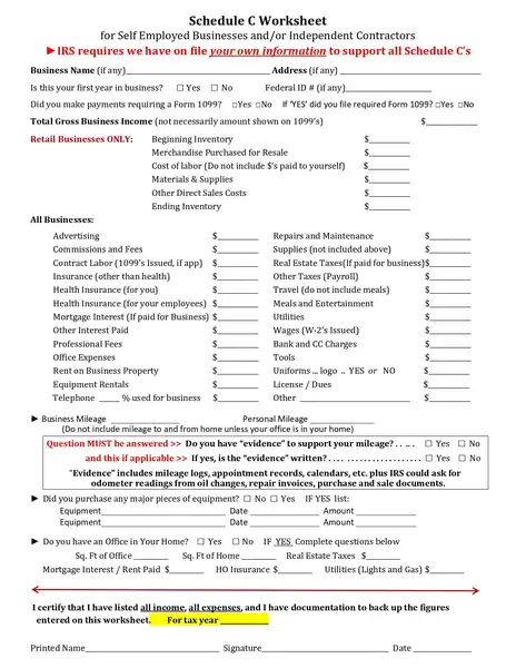 schedule c expenses worksheet by Kristels.com