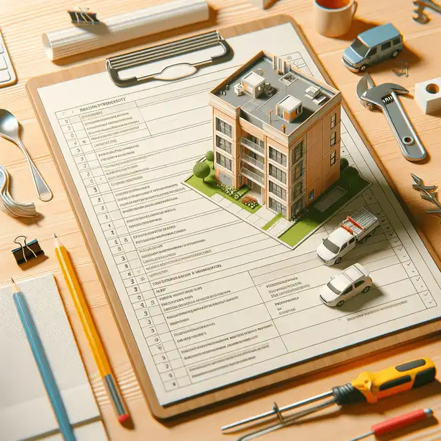 Residential building maintenance schedule, showing a detailed chart or list of regular tasks and inspections