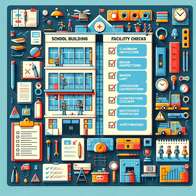 School building maintenance checklist, with various sections for classroom inspections, facility checks, and safety measures