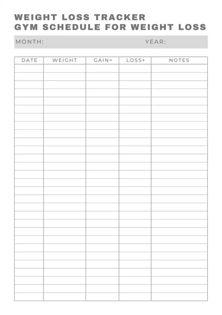 Gym Schedule for Weight Loss Weight Loss Tracker Sheet Planner