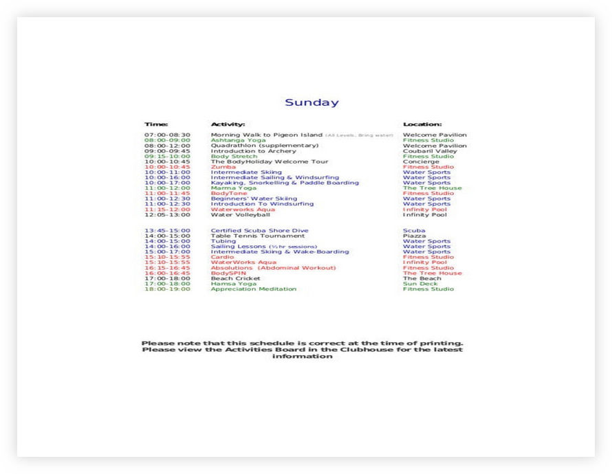 Activities Schedule Sample