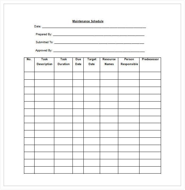 Blank Preventive Maintenance Schedule Template Free Download