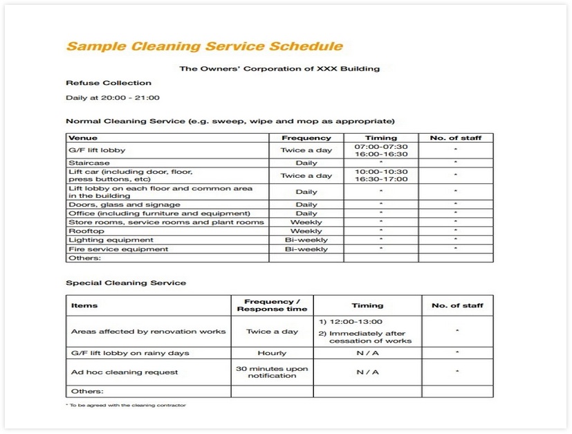 Sample Cleaning Schedule Template for Office