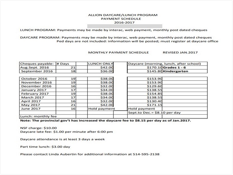 Daycare Lunch Program Payment Schedule Template