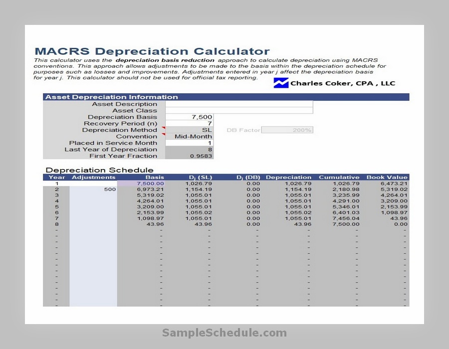 Depreciation Calculator Schedule Template