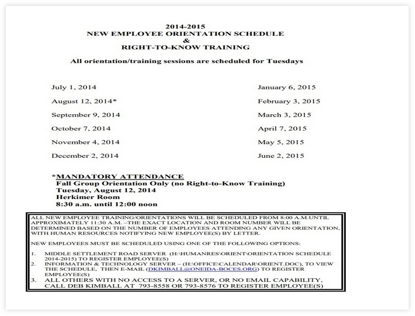 Employee Orientation Training Schedule Template