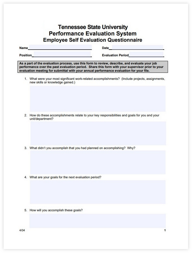 Employee Performance Self Evaluation Questionnaire