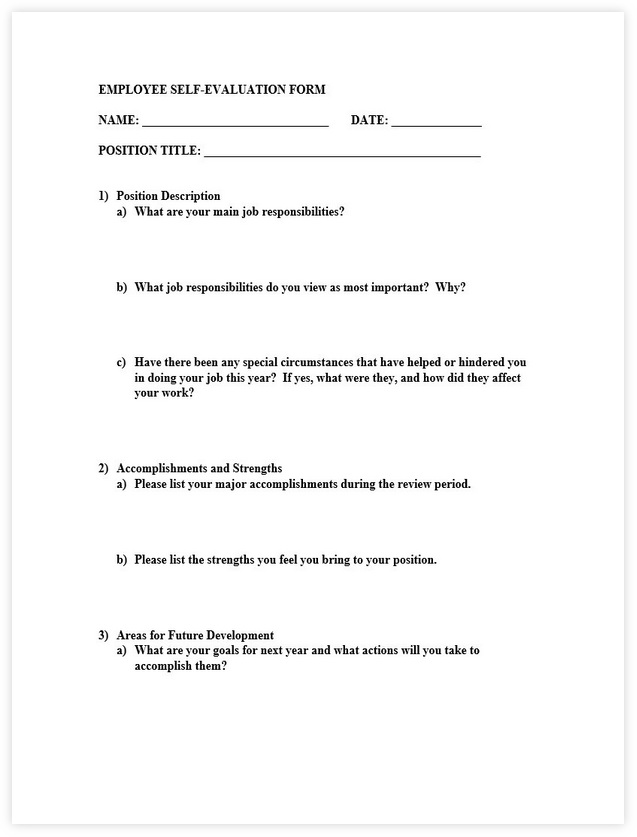 Employee Self Evaluation Form Template