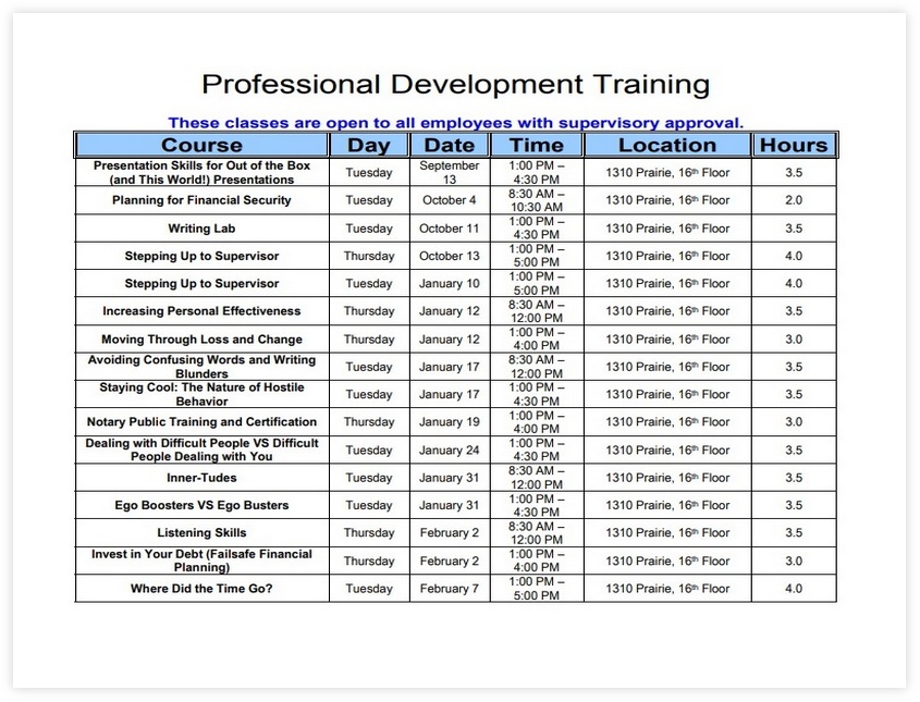 Employee Training Class Schedule Template
