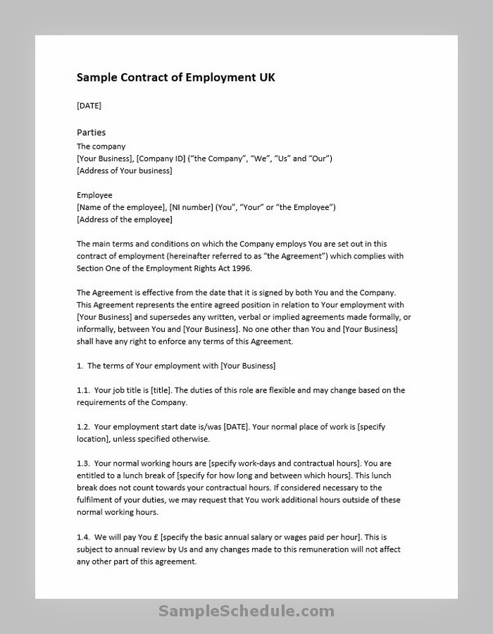 Employment Contract Template UK