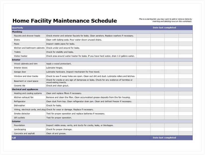 Facility Maintenance Schedule Excel Template 01