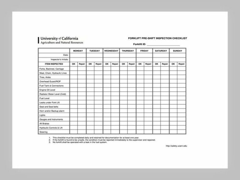Forklift Maintenance Schedule Template