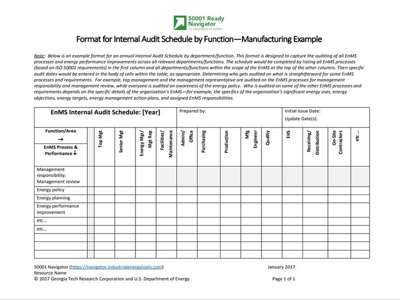 Format for Internal Audit Schedule by Function