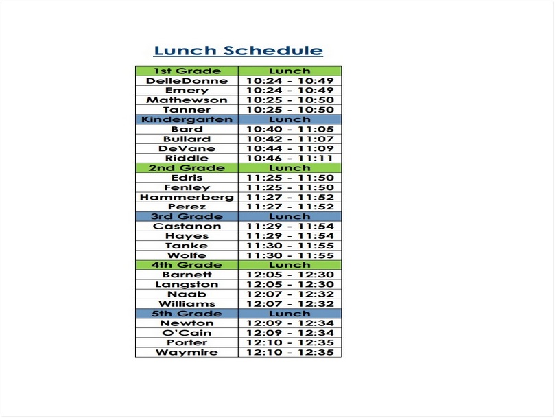 Grade Specific Lunch Schedule Template