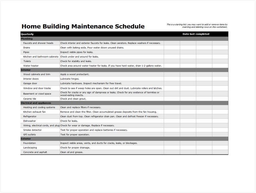 Home Building Maintenance Schedule Template