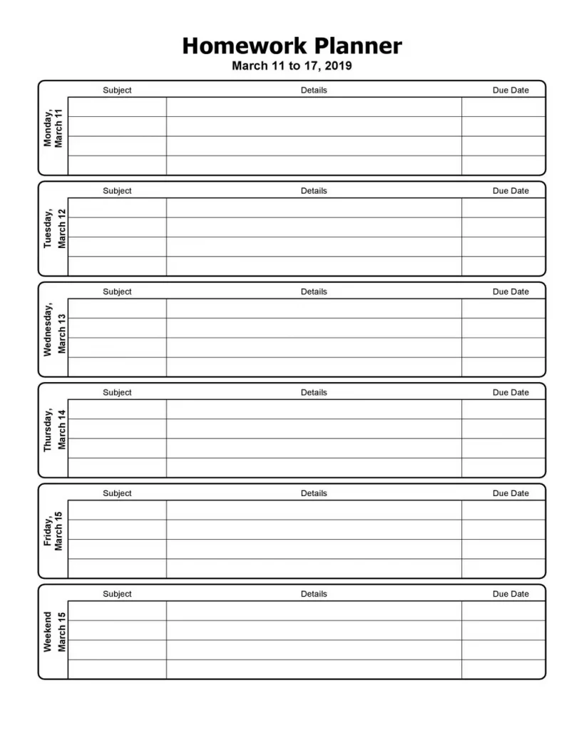Homework Timetable Template 02