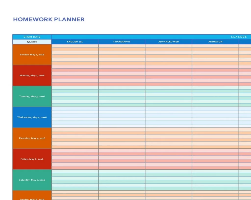 Homework Timetable Template 04