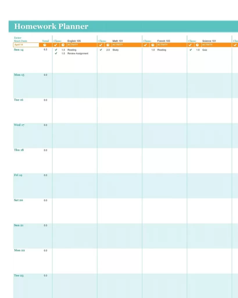 Homework Timetable Template 08