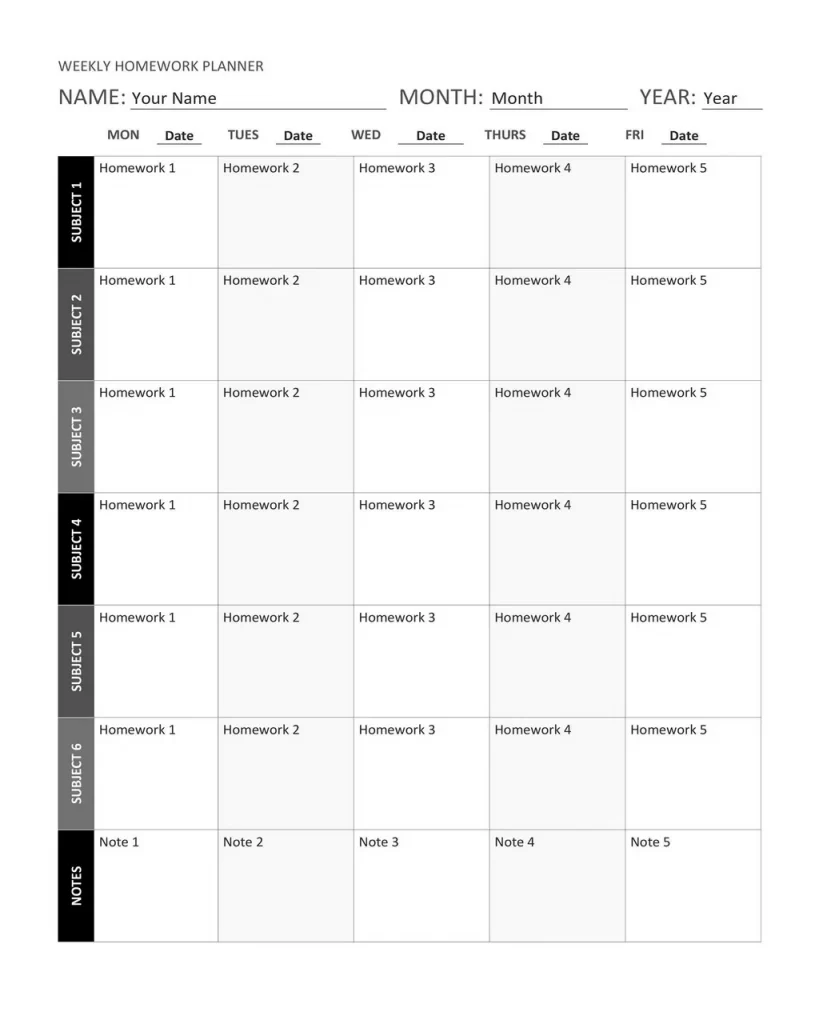 Homework Timetable Template 09