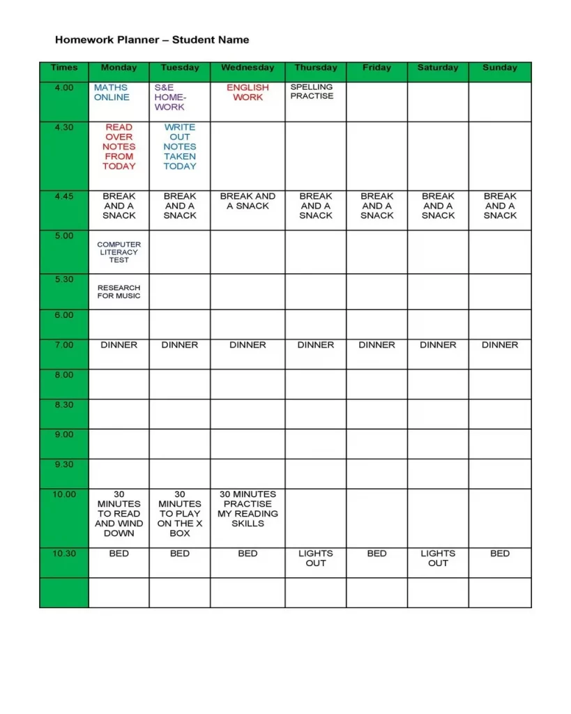 Homework Timetable Template 12