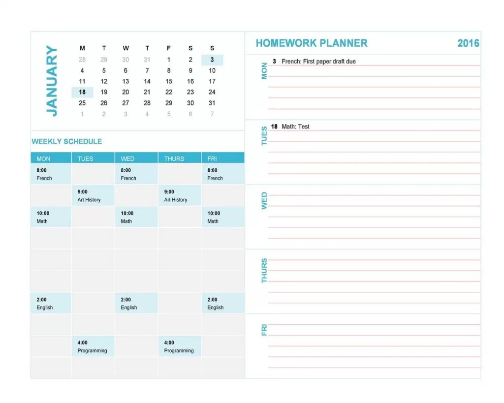 Homework Timetable Template 13