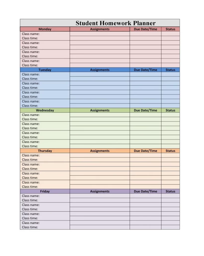Homework Timetable Template 15