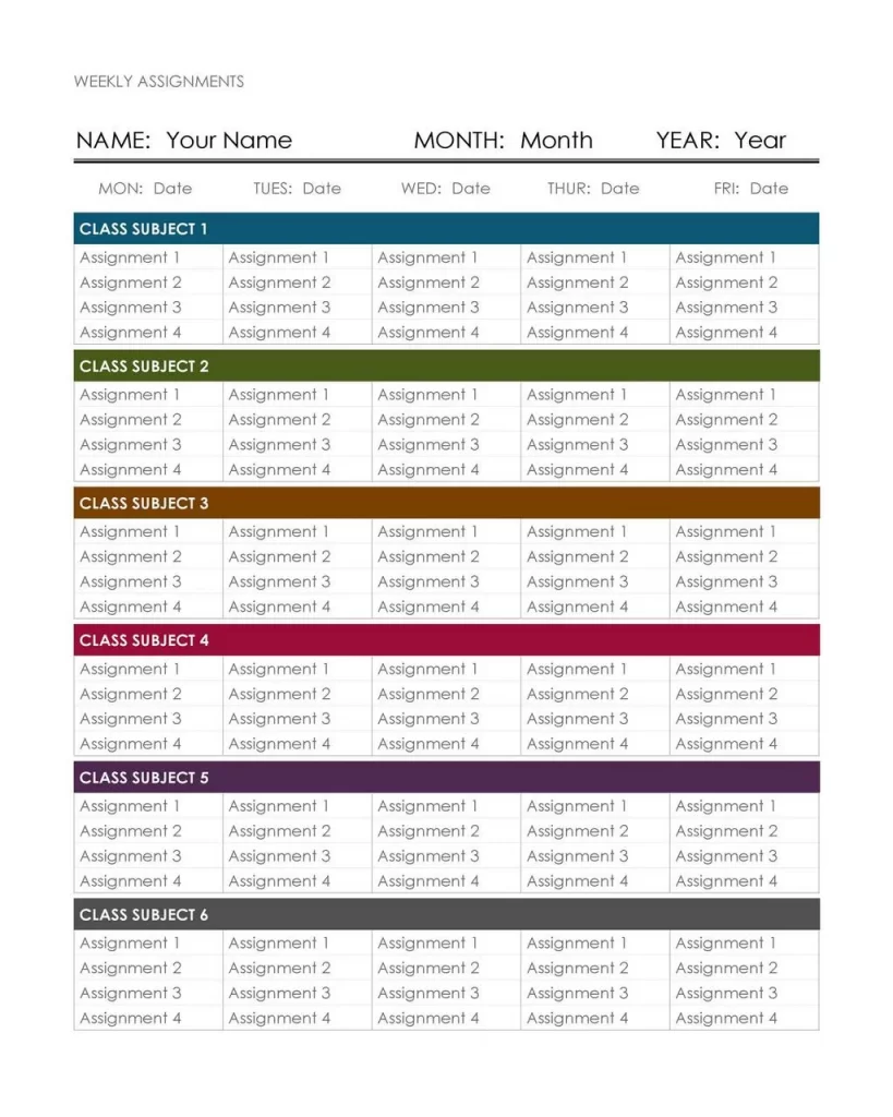 Homework Timetable Template 23