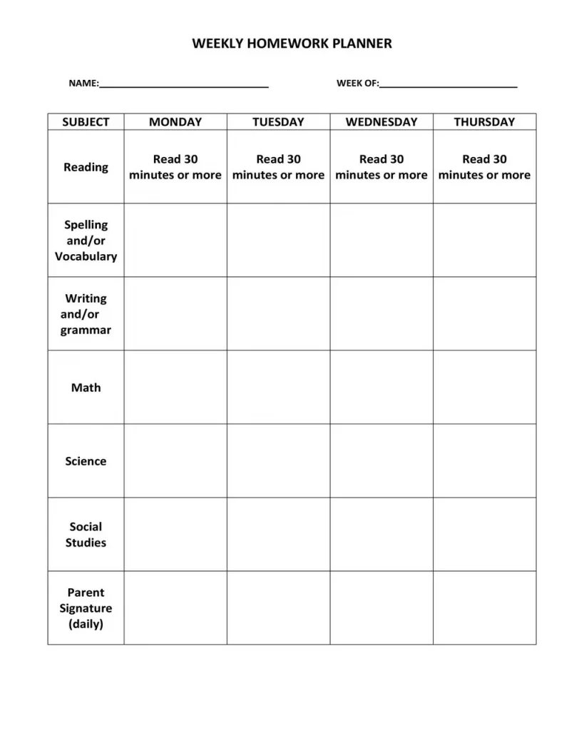 Homework Timetable Template 25