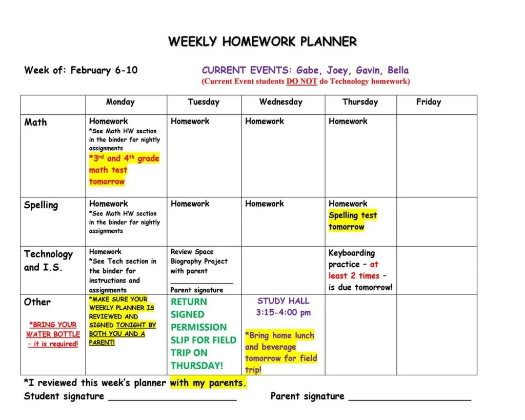 Homework Timetable Template 26
