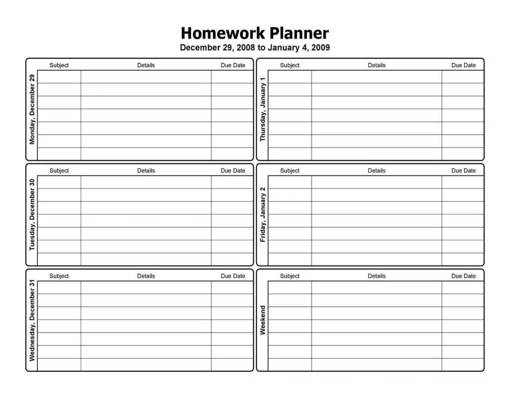 Homework Timetable Template 27