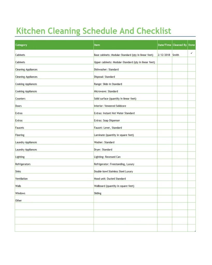 Kitchen Cleaning Schedule Checklist