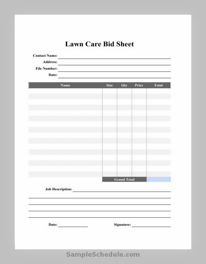Lawn Care Bid Sheet Template